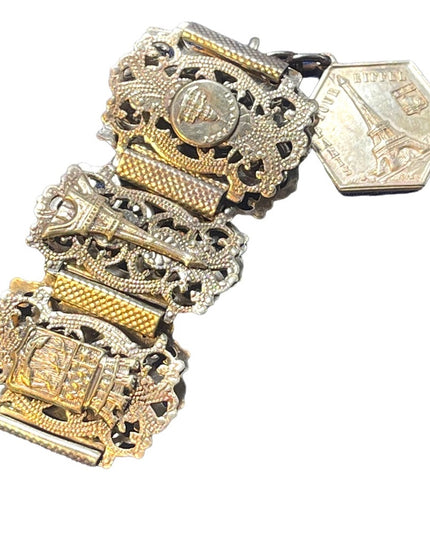 Art Deco early 1970s Silver rhodium plate Paris Tour bracelet Parisian France