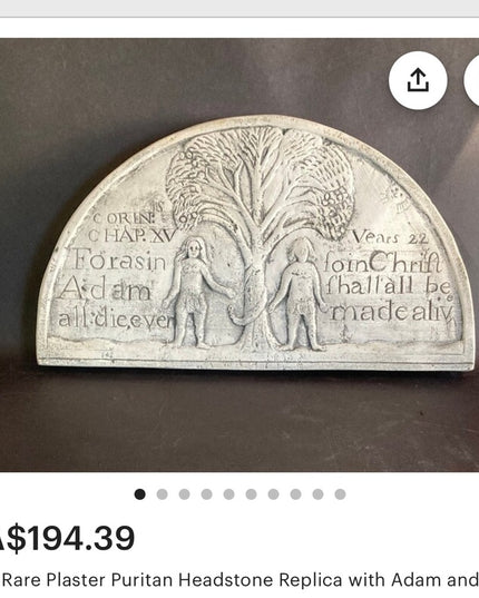 Religious Rare Plaster Puritan Headstone Replica with Adam and Eve Prayer