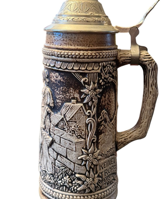 Vintage German Pewter Lidded Beer Stein with Lid Gerz W. Germany Keinen Tropfen
