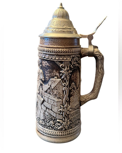 Vintage German Pewter Lidded Beer Stein with Lid Gerz W. Germany Keinen Tropfen