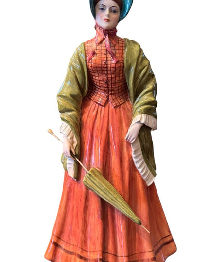 Vintage RARE Antonio Zen Italy 1800s Lady Figurine in Green and Orange umbrella