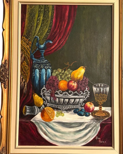 Elegant Mid Century Still Life OIL Painting wooden Handmade Gold Frame Signed