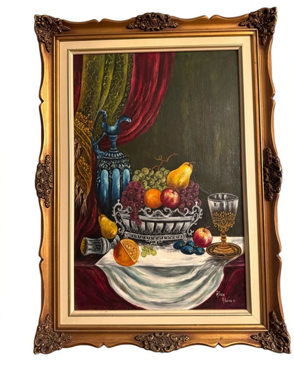 Elegant Mid Century Still Life OIL Painting wooden Handmade Gold Frame Signed