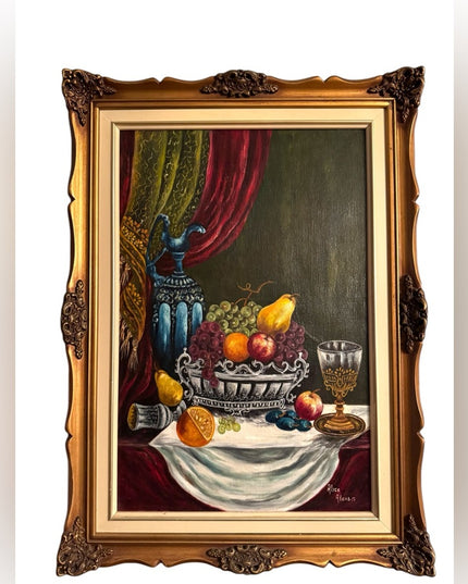 Elegant Mid Century Still Life OIL Painting wooden Handmade Gold Frame Signed