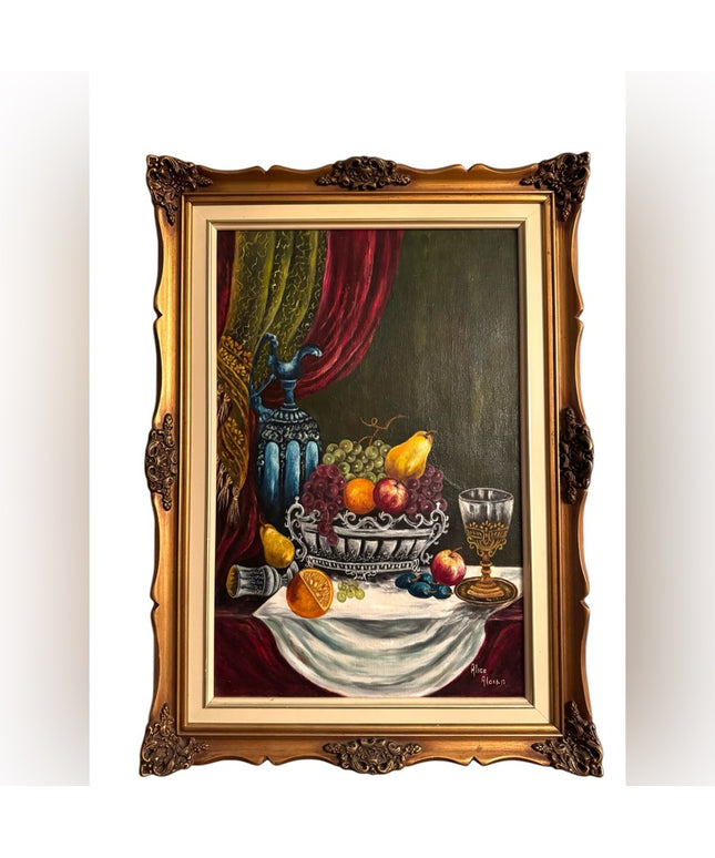 Elegant Mid Century Still Life OIL Painting wooden Handmade Gold Frame Signed