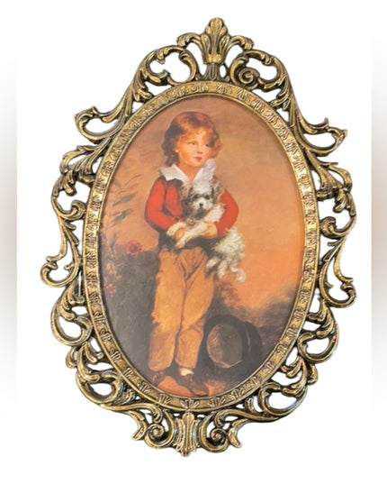 Vintage Boy with dog Italy metal oval picture