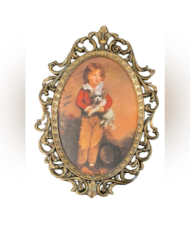Vintage Boy with dog Italy metal oval picture