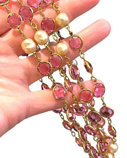 Vintage RARE  1981 Chanel AUTHENTIC Sautoir Pink Gold plated Chicklet glass neck