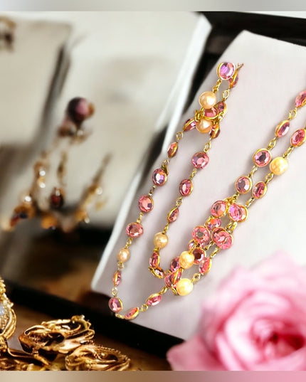 Vintage RARE  1981 Chanel AUTHENTIC Sautoir Pink Gold plated Chicklet glass neck