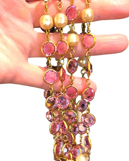 Vintage RARE  1981 Chanel AUTHENTIC Sautoir Pink Gold plated Chicklet glass neck