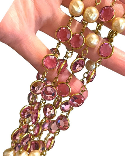 Vintage RARE  1981 Chanel AUTHENTIC Sautoir Pink Gold plated Chicklet glass neck