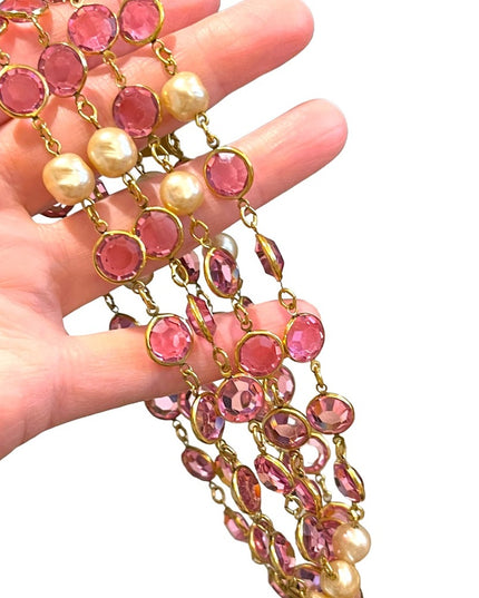 Vintage RARE  1981 Chanel AUTHENTIC Sautoir Pink Gold plated Chicklet glass neck