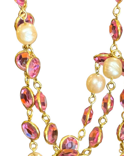Vintage RARE  1981 Chanel AUTHENTIC Sautoir Pink Gold plated Chicklet glass neck