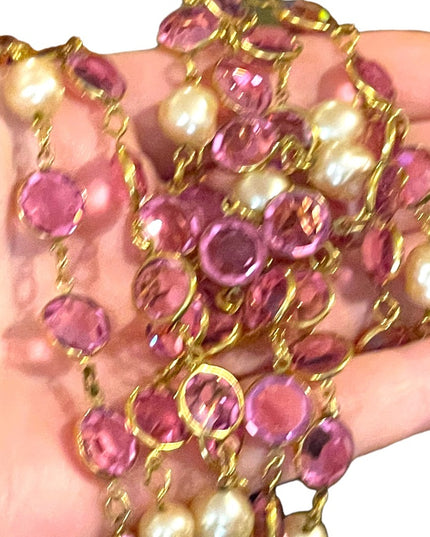 Vintage RARE  1981 Chanel AUTHENTIC Sautoir Pink Gold plated Chicklet glass neck