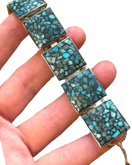 Vintage silver rustic Turquoise stone square handmade Mosaic Bracelet