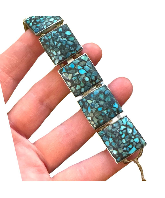 Vintage silver rustic Turquoise stone square handmade Mosaic Bracelet