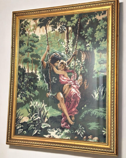 Vintage Romantic Tapestry Art in Gold Frame