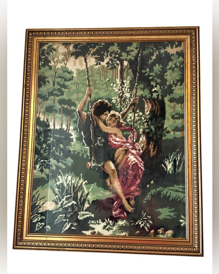 Vintage Romantic Tapestry Art in Gold Frame