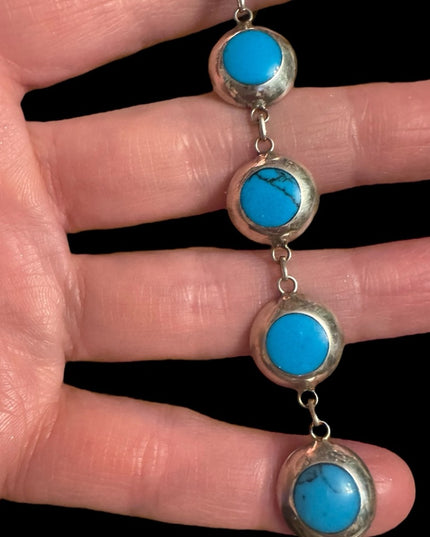 Vintage sterling silver 925 Turquoise round link bracelet 7-8”