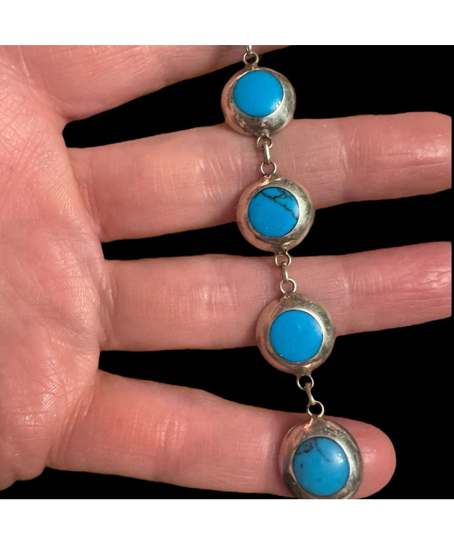 Vintage sterling silver 925 Turquoise round link bracelet 7-8”