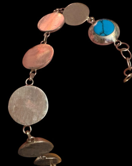 Vintage sterling silver 925 Turquoise round link bracelet 7-8”