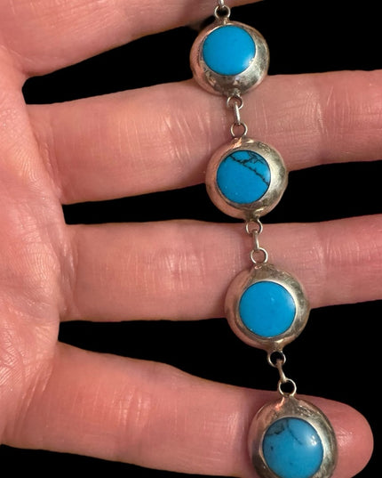 Vintage sterling silver 925 Turquoise round link bracelet 7-8”