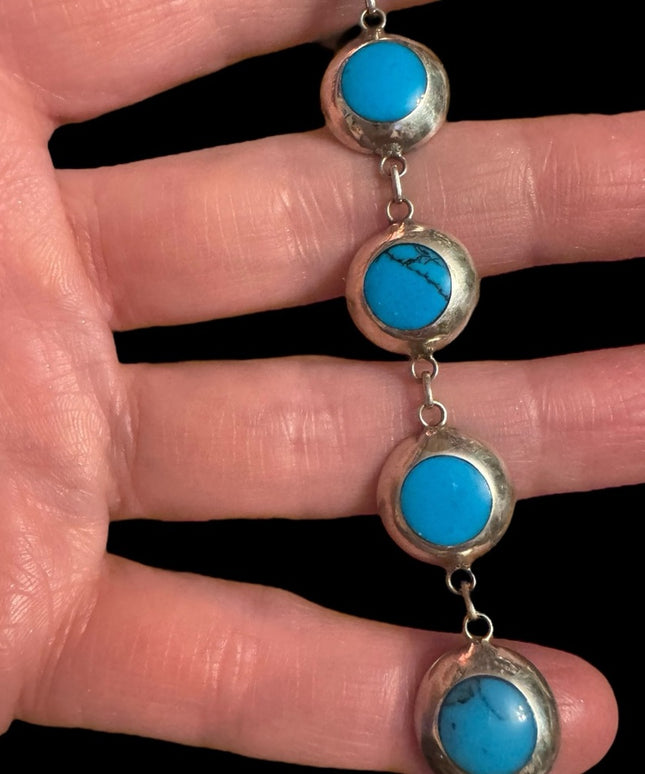 Vintage sterling silver 925 Turquoise round link bracelet 7-8”