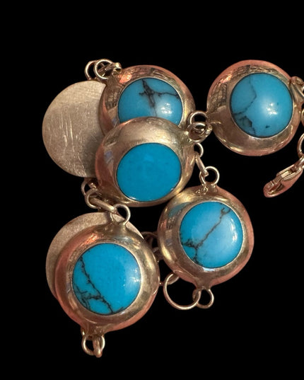 Vintage sterling silver 925 Turquoise round link bracelet 7-8”