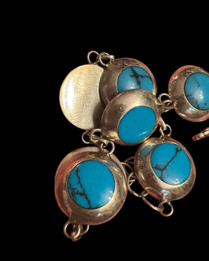Vintage sterling silver 925 Turquoise round link bracelet 7-8”