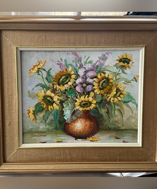 Stevenson Signed Vintage Colorful Sunflower oil Painting board Gold Gilt wood