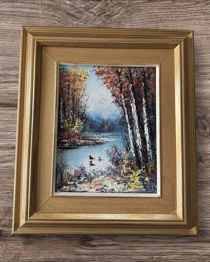 Vintage Golden Framed Autumn Landscape lake birch tree canvas oil painting