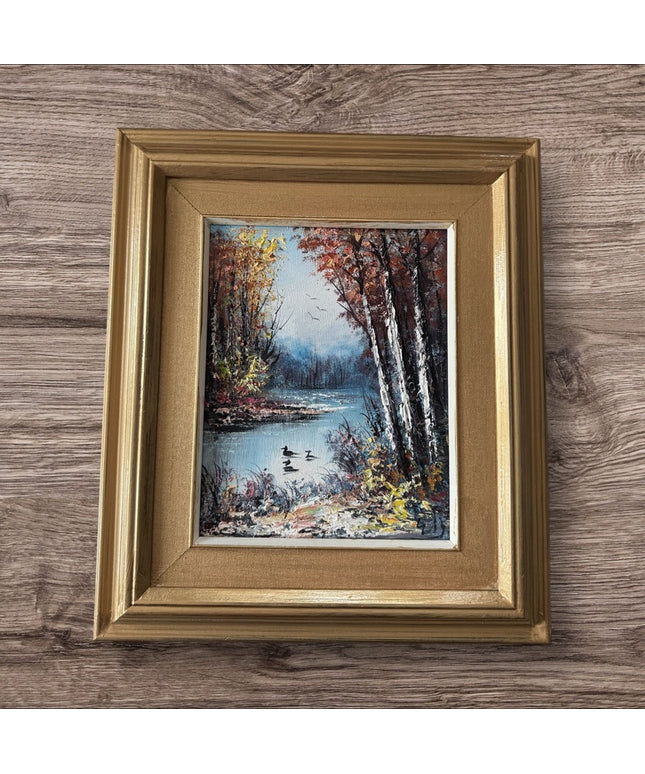 Vintage Golden Framed Autumn Landscape lake birch tree canvas oil painting