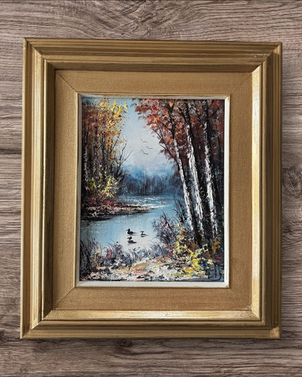 Vintage Golden Framed Autumn Landscape lake birch tree canvas oil painting