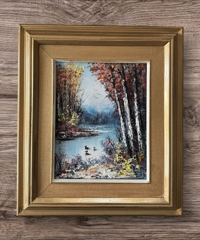 Vintage Golden Framed Autumn Landscape lake birch tree canvas oil painting