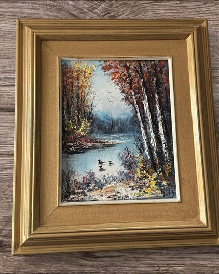 Vintage Golden Framed Autumn Landscape lake birch tree canvas oil painting