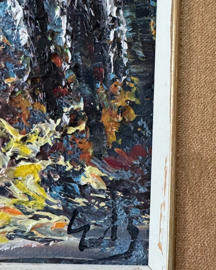 Vintage Golden Framed Autumn Landscape lake birch tree canvas oil painting