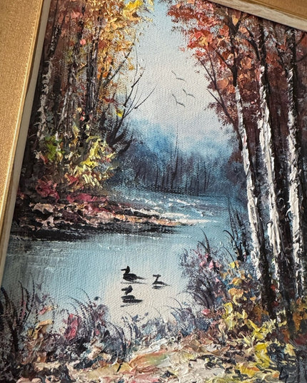 Vintage Golden Framed Autumn Landscape lake birch tree canvas oil painting