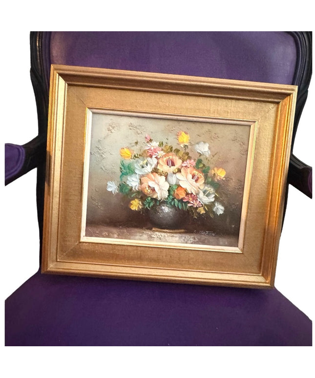 Barton Signed Vintage Colorful Flowers oil Painting on board Gold Gilt