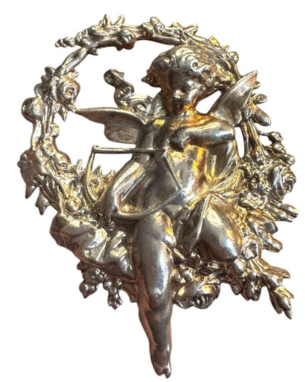 Vintage art deco silver Cupid With Bow Arrow Flower Wreath Brooch Pin