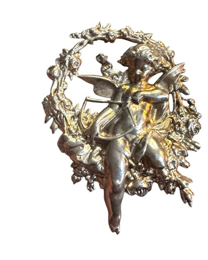 Vintage art deco silver Cupid With Bow Arrow Flower Wreath Brooch Pin