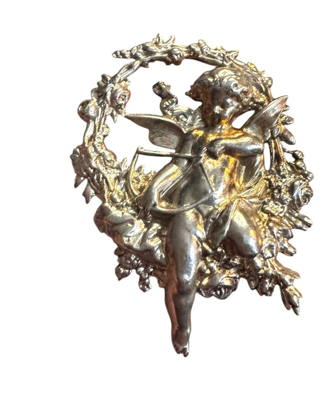 Vintage art deco silver Cupid With Bow Arrow Flower Wreath Brooch Pin