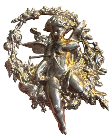 Vintage art deco silver Cupid With Bow Arrow Flower Wreath Brooch Pin