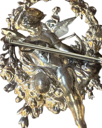 Vintage art deco silver Cupid With Bow Arrow Flower Wreath Brooch Pin