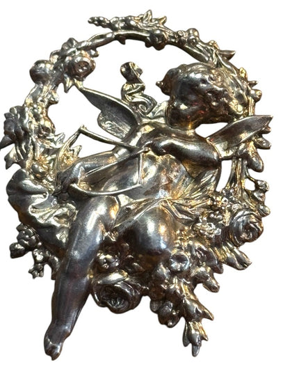 Vintage art deco silver Cupid With Bow Arrow Flower Wreath Brooch Pin