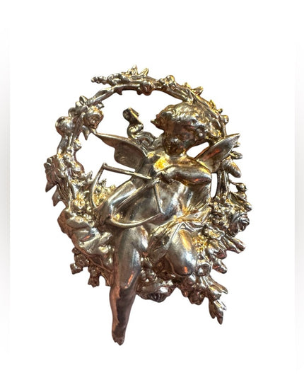 Vintage art deco silver Cupid With Bow Arrow Flower Wreath Brooch Pin
