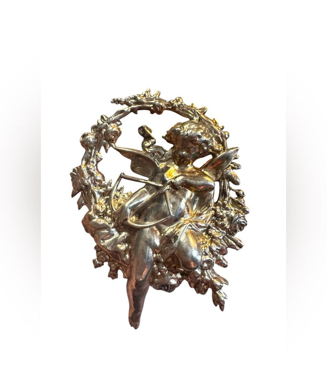 Vintage art deco silver Cupid With Bow Arrow Flower Wreath Brooch Pin