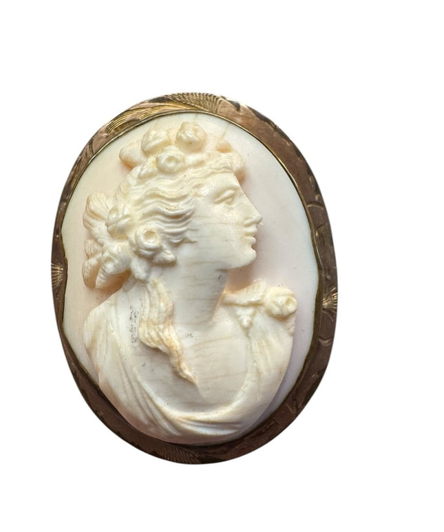 Elegant Vintage hand carved rose gold coral Ivory  Cameo Brooch