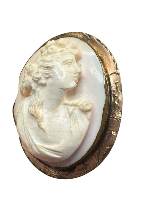 Elegant Vintage hand carved rose gold coral Ivory  Cameo Brooch