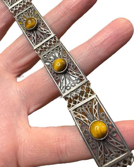 Vintage WB silver ornate filagree tiger eye panel link bracelet