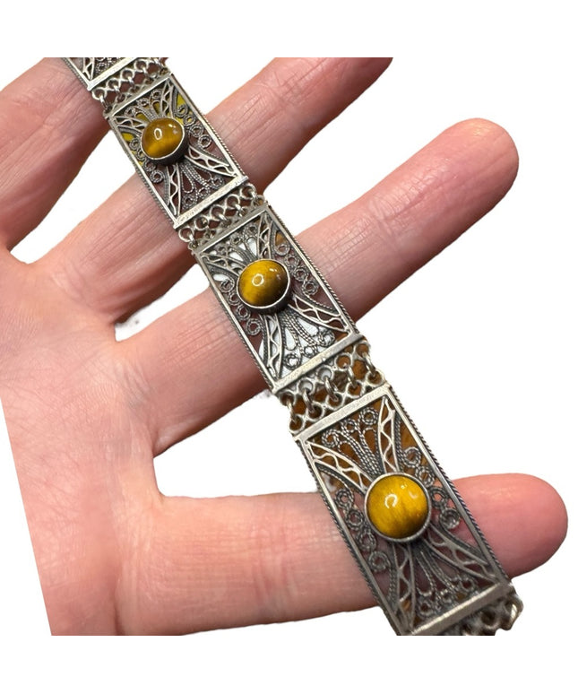 Vintage WB silver ornate filagree tiger eye panel link bracelet